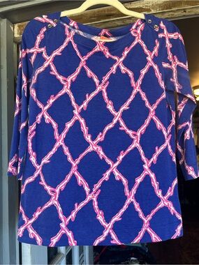 Lilly Pulitzer Blue and Pink Patterned Boatneck Top